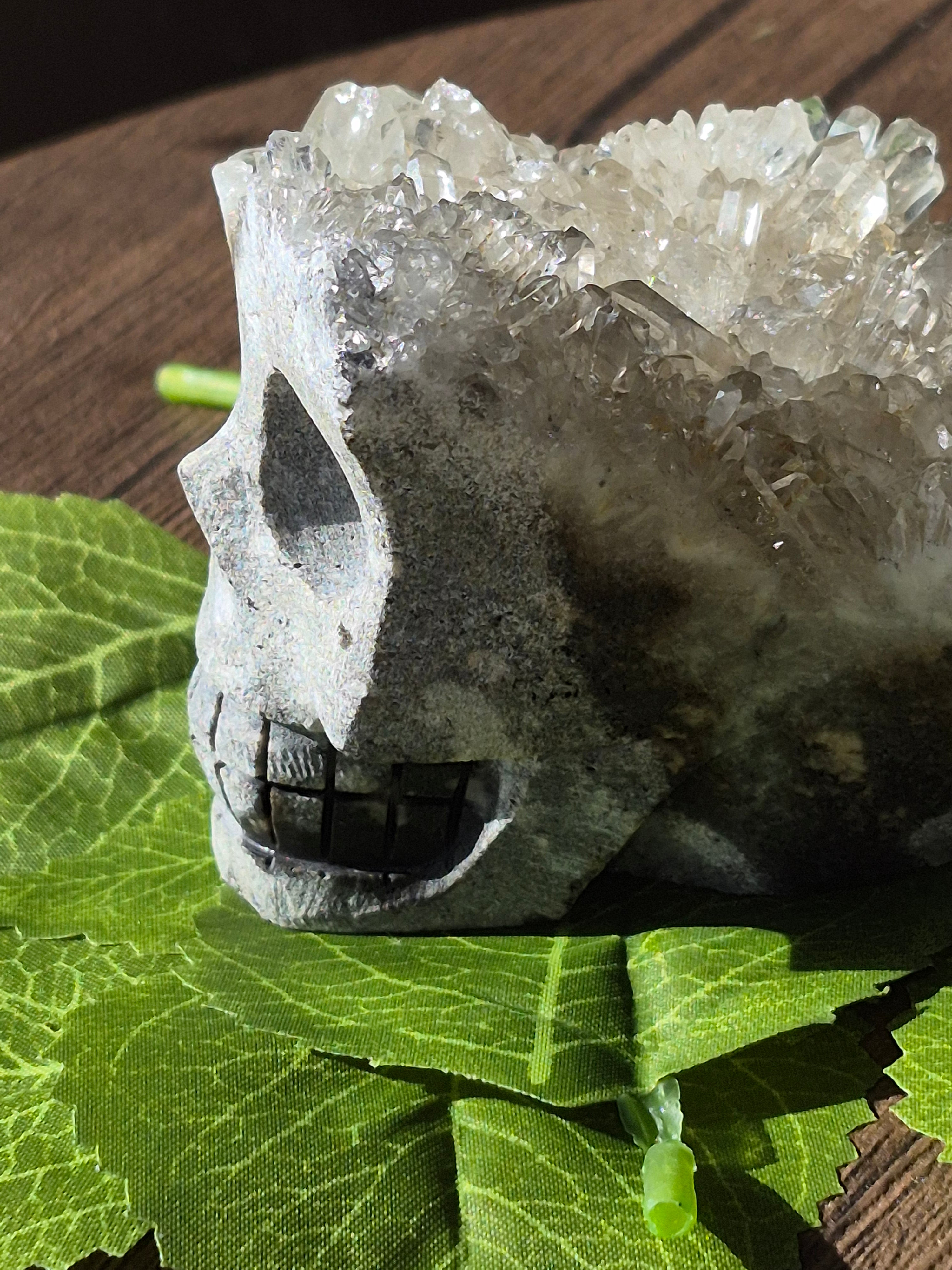 💀✨ Quartz Cluster Hand-Carved Skull