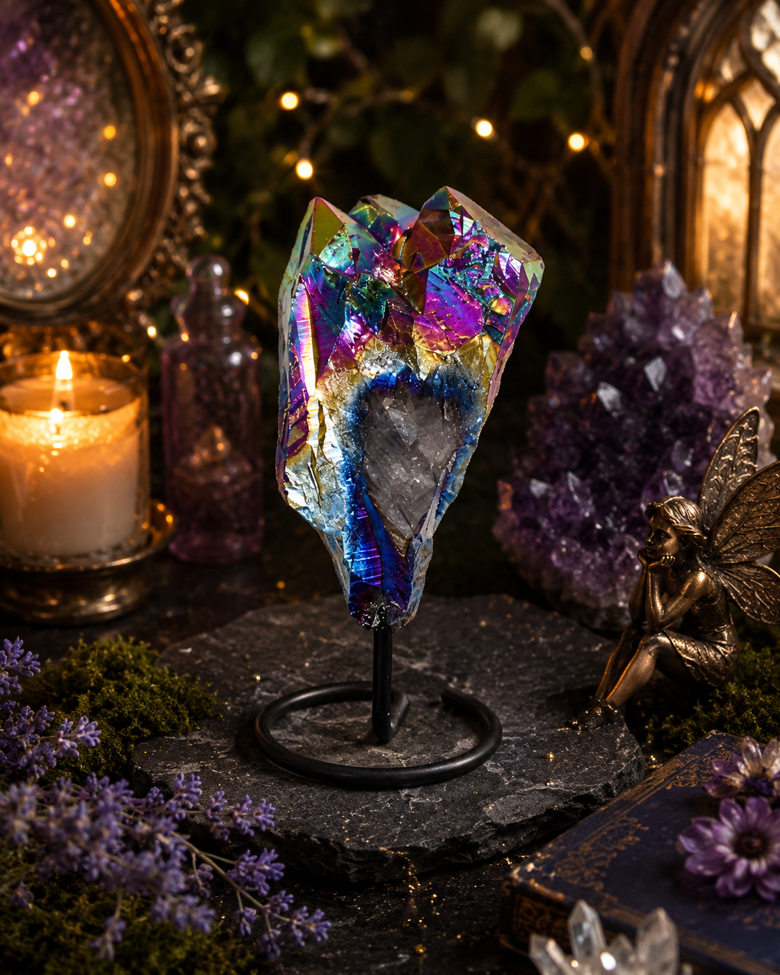 🌈 Rainbow Aura Crystal Point on Stand ✨