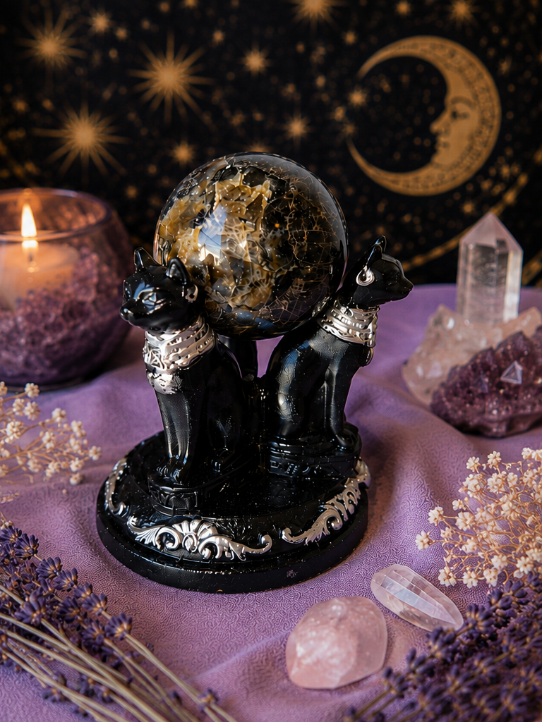 ✨ Mystic Familiar Black Moonstone Sphere & Triple Cat Holder✨