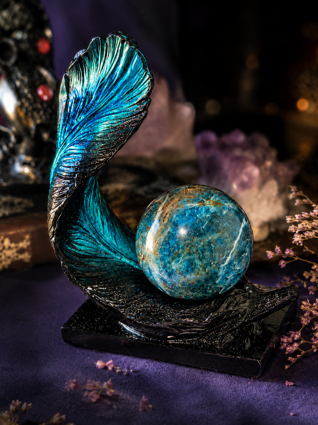 Feather Sphere Holder with Blue Apatite Sphere