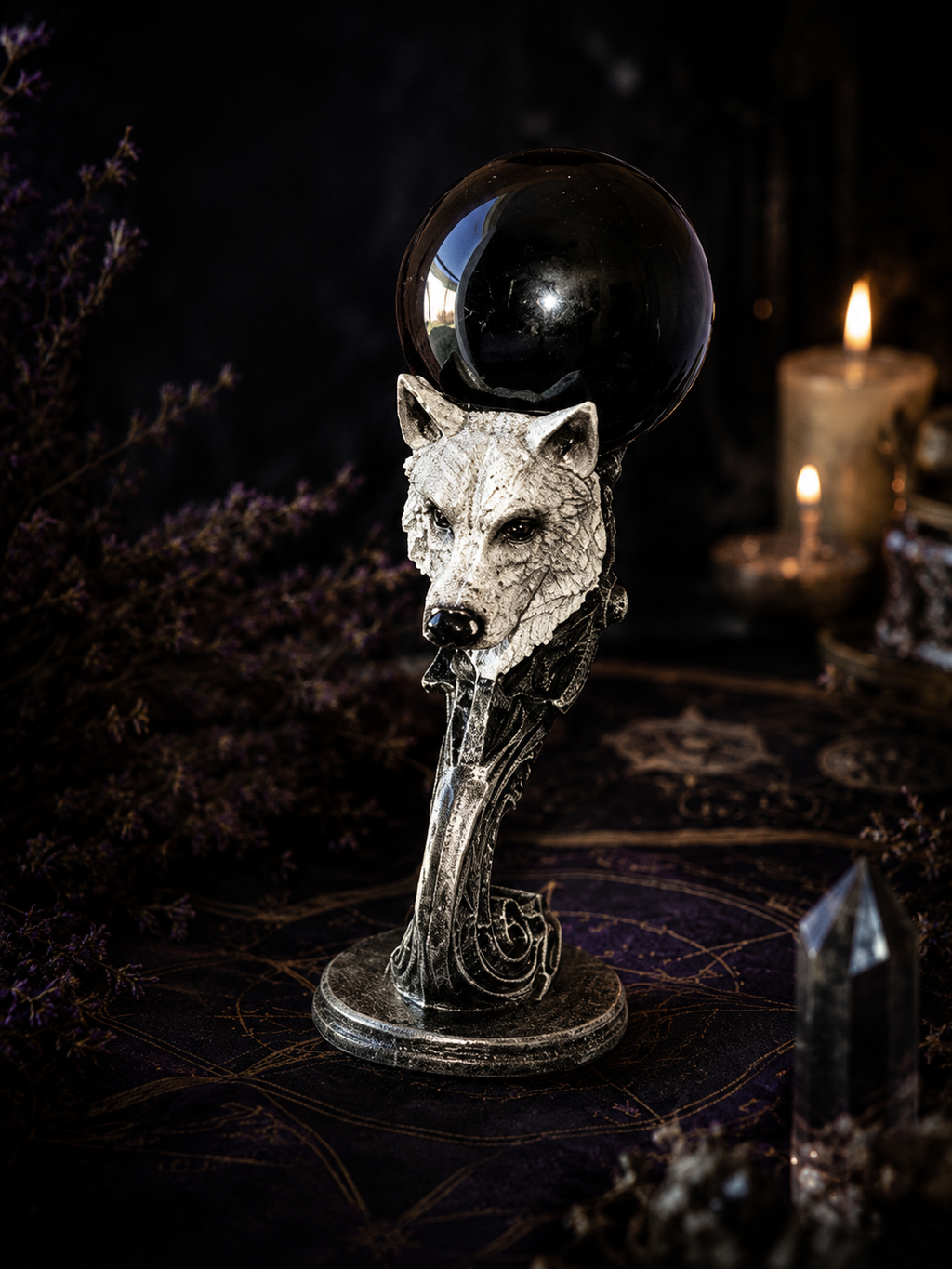 ✨🐺 Midnight Spell Wolf Stand with Black Obsidian Sphere 🖤🌑