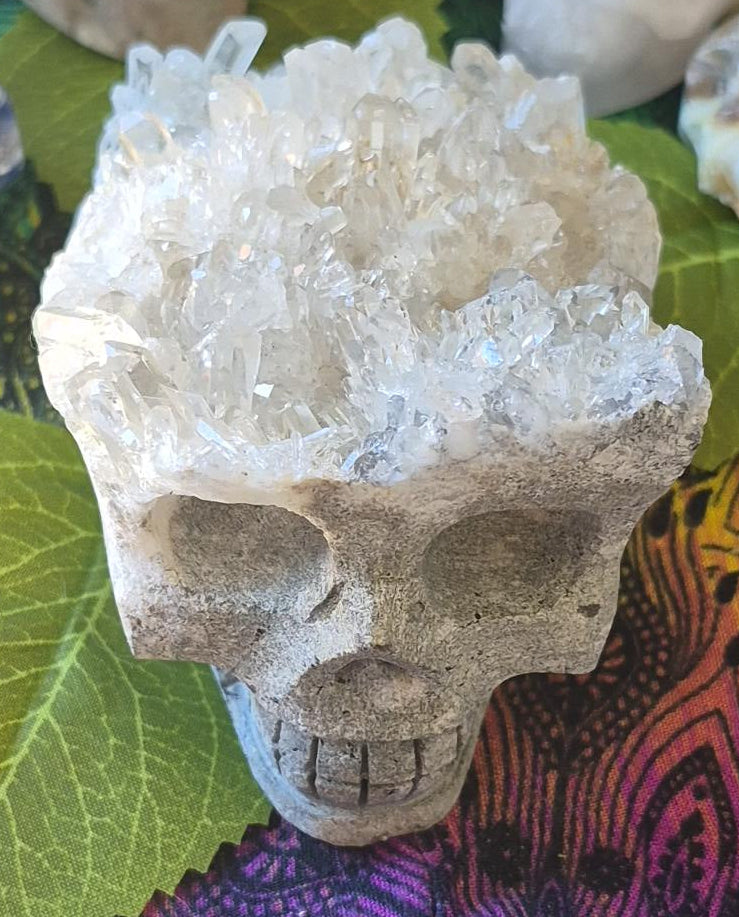 💀✨ Quartz Cluster Hand-Carved Skull