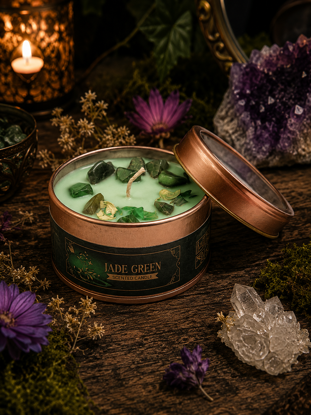 💚✨ Heart of the Forest Green Jade Crystal Candle ✨💚