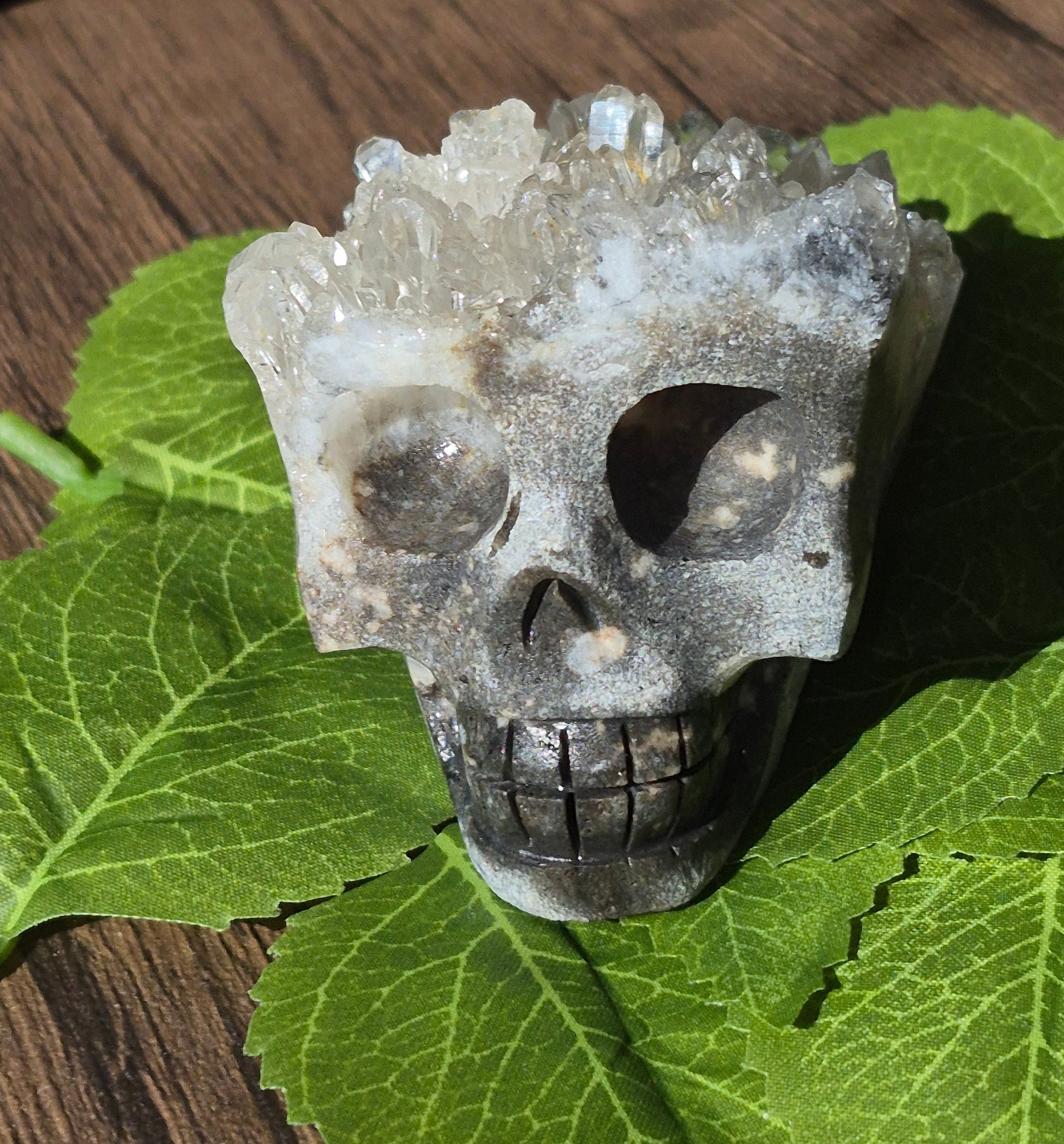💀✨ Quartz Cluster Hand-Carved Skull