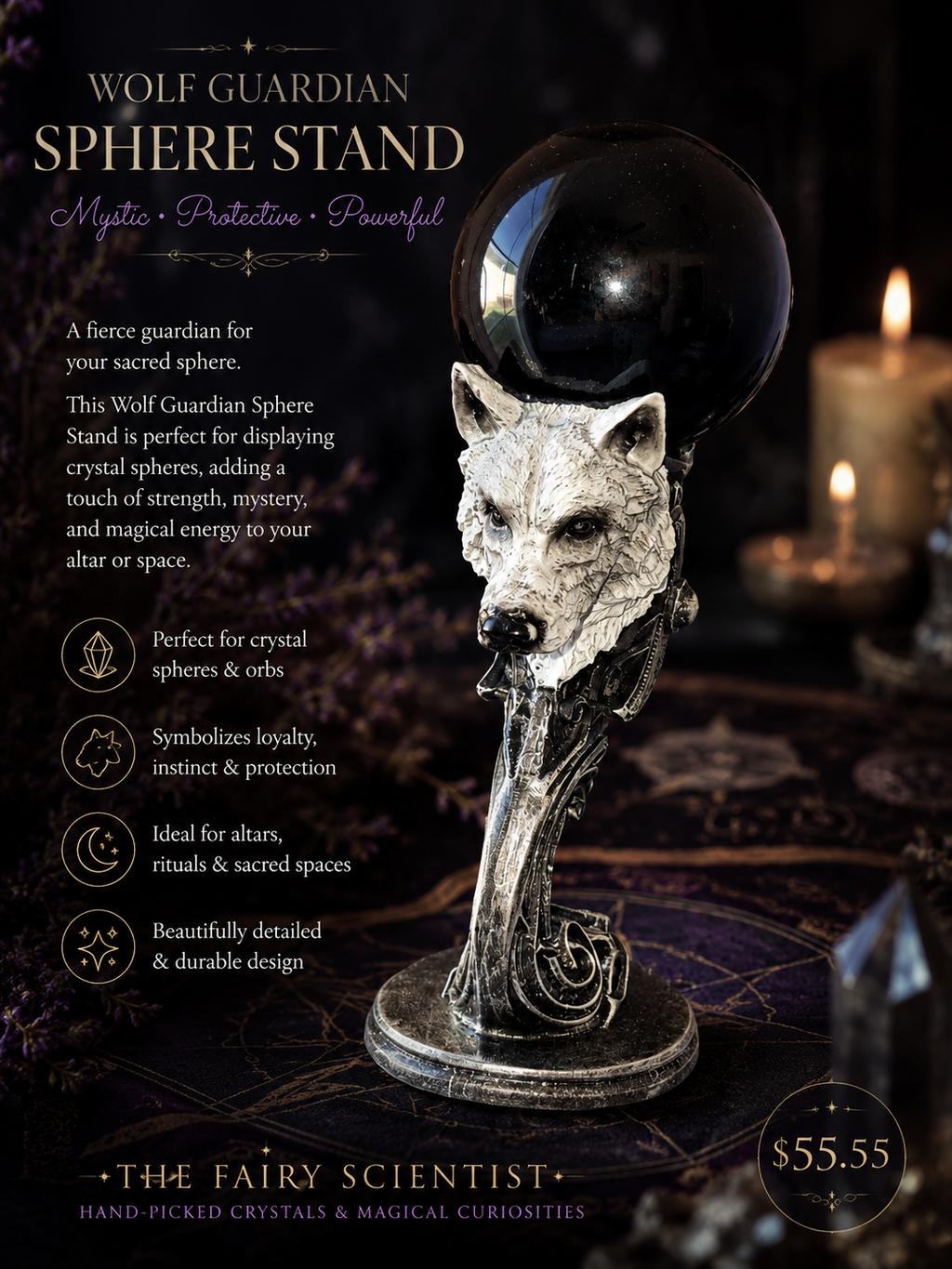 ✨🐺 Midnight Spell Wolf Stand with Black Obsidian Sphere 🖤🌑