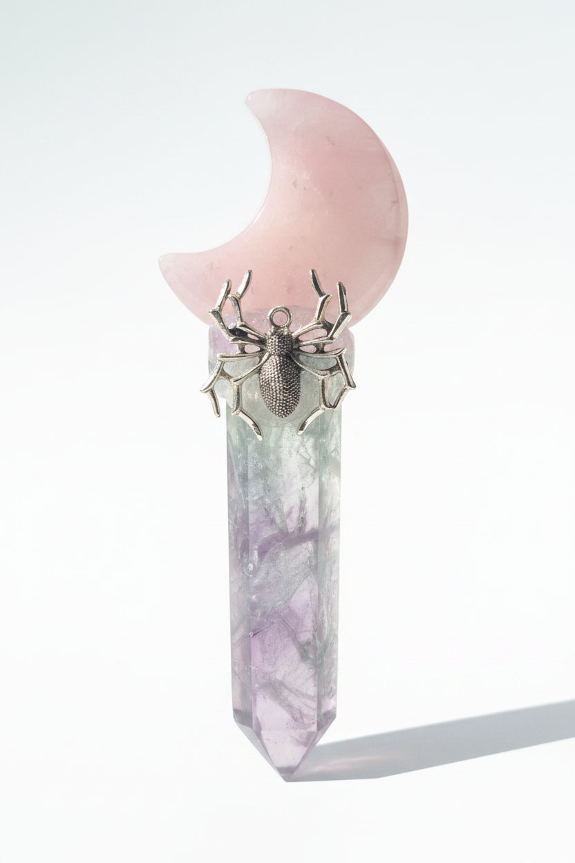🌙🕷️ Moonweb Rose Quartz & Fluorite Scepter ✨