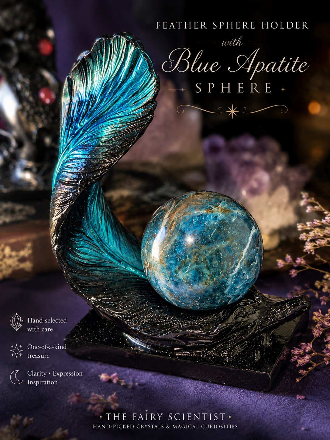 Feather Sphere Holder with Blue Apatite Sphere