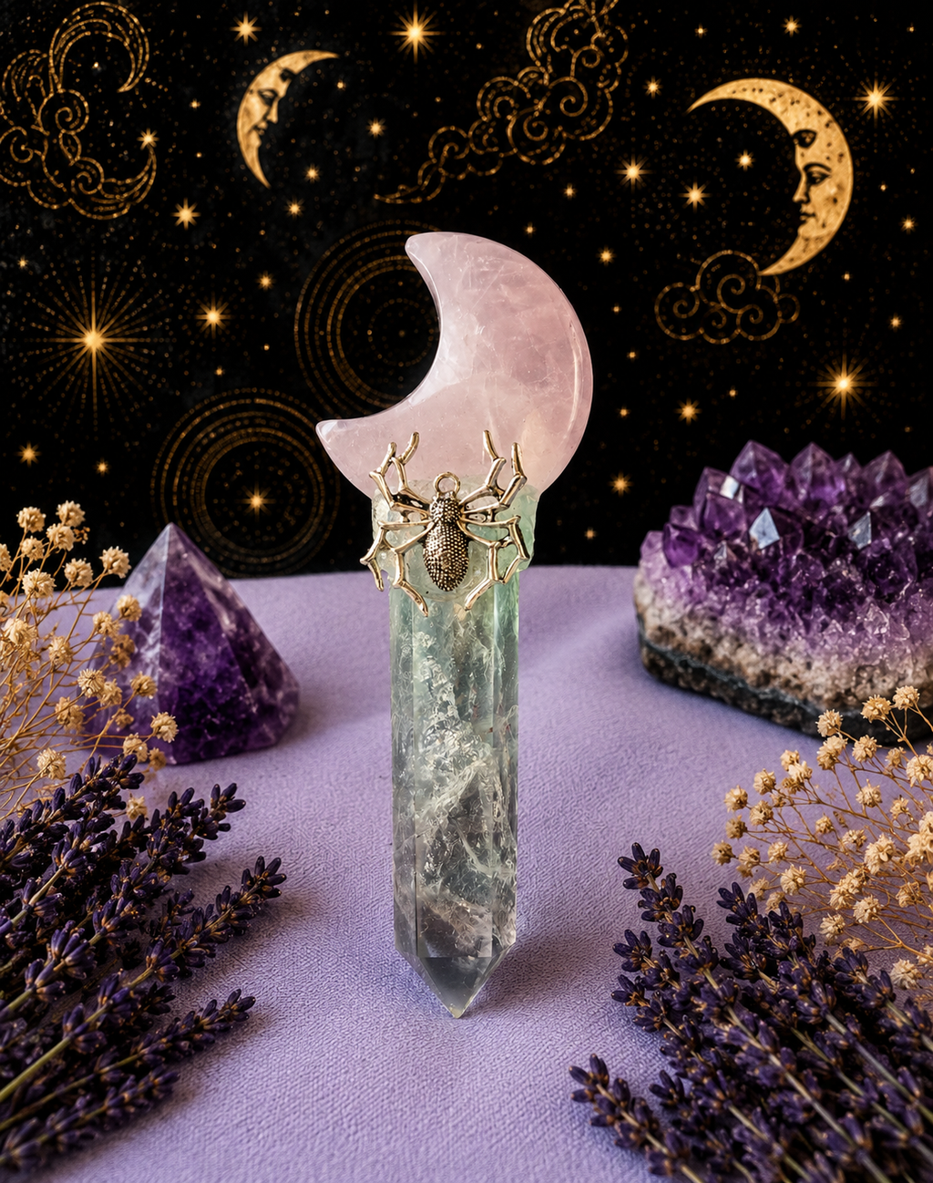 🌙🕷️ Moonweb Rose Quartz & Fluorite Scepter ✨