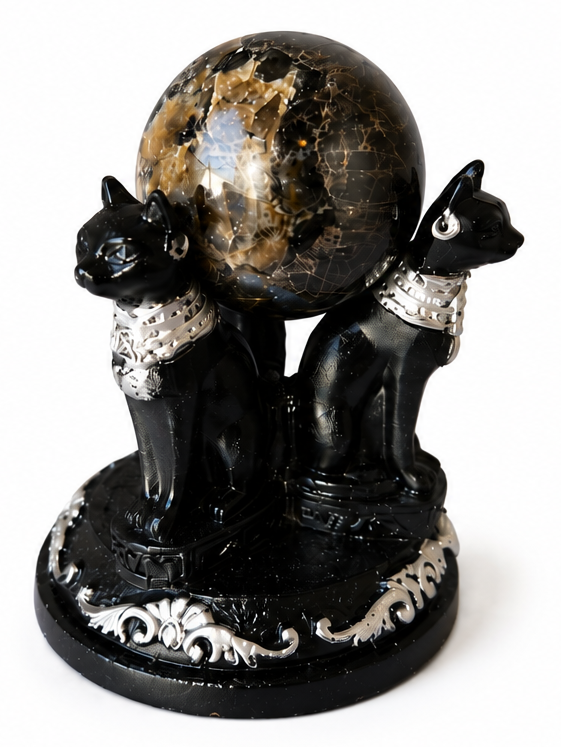 ✨ Mystic Familiar Black Moonstone Sphere & Triple Cat Holder✨